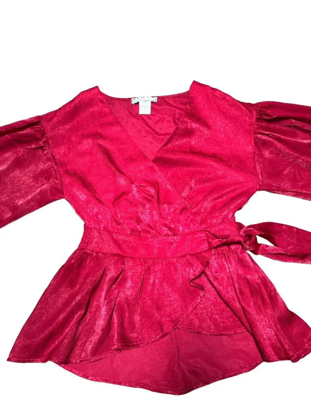A Calin Size Sm Red Satin Wrap Blouse Peplum Balloon Sleeve Holiday Glamcore Top - Picture 7 of 10